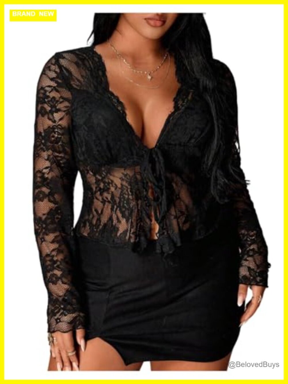 Plus Size Sheer Mesh Lace Long Sleeve Tie Front Crop Top